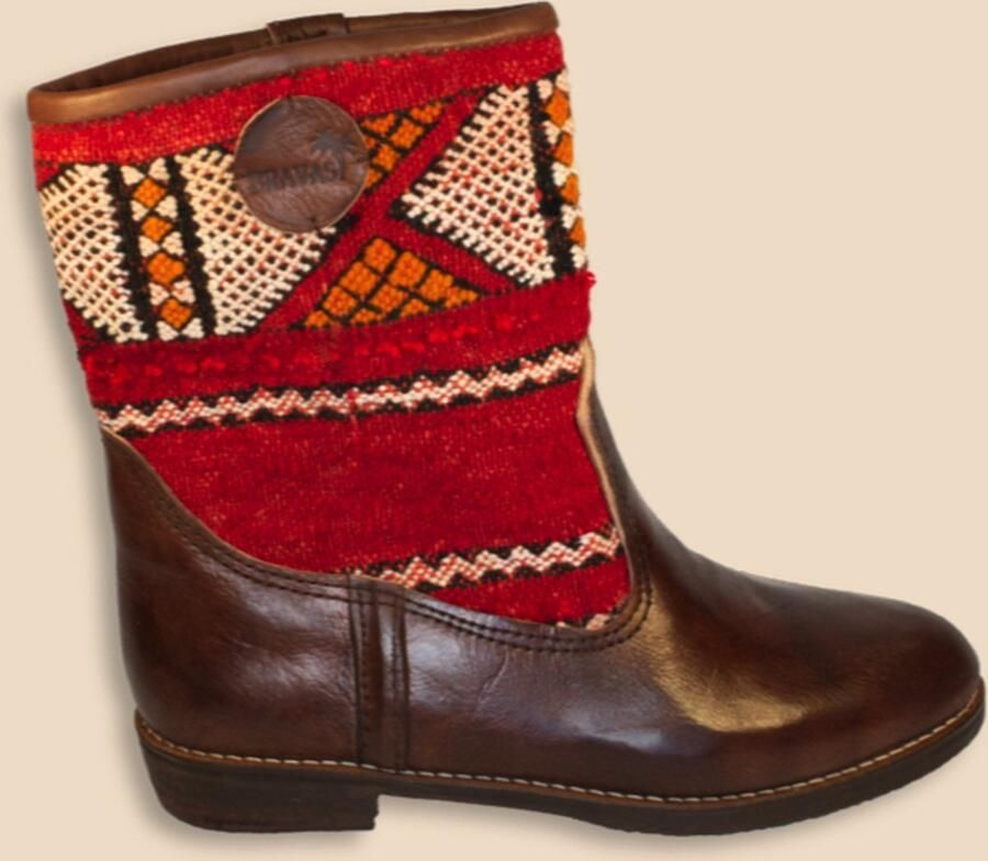 Bravas Boutique Kelim Boots PEPA Laag Laarzen 100% Echt Leder Handgemaakt Kastanjebruin Met Gekleurde Kelim - Foto 4
