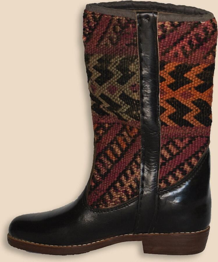 Bravas Boutique Kelim Boots HELENA Hoog Laarzen 100% Echt Leder Handgemaakt Zwart Met Gekleurde Kelim - Foto 2