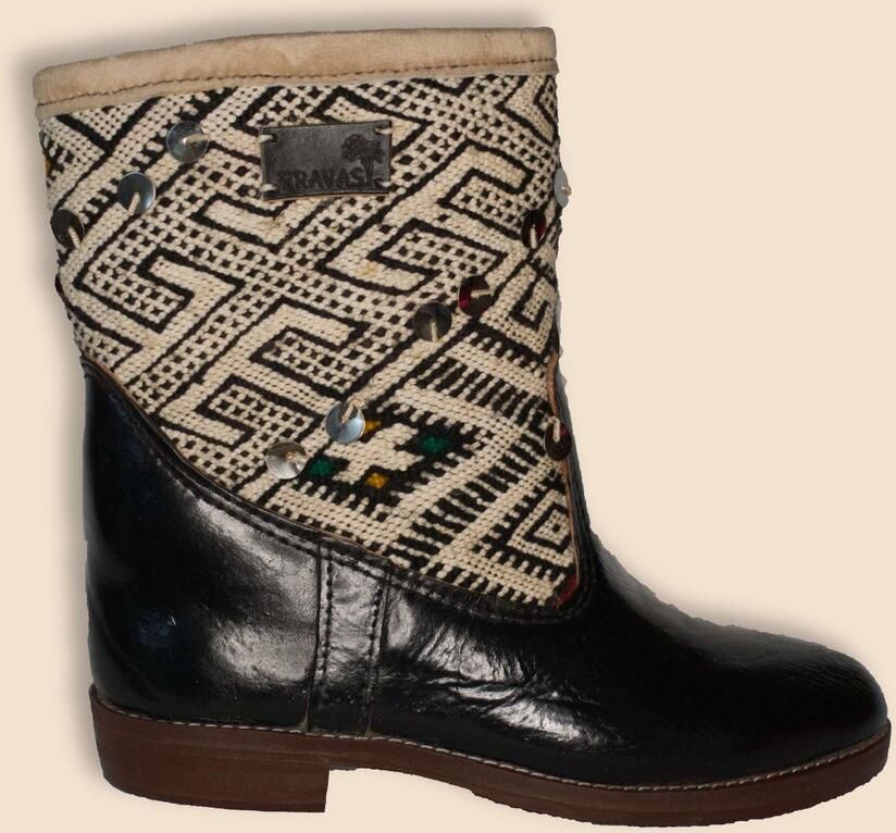 Bravas Boutique Kelim Boots Zwart Leer Marokkaanse Kelim Rosalinda