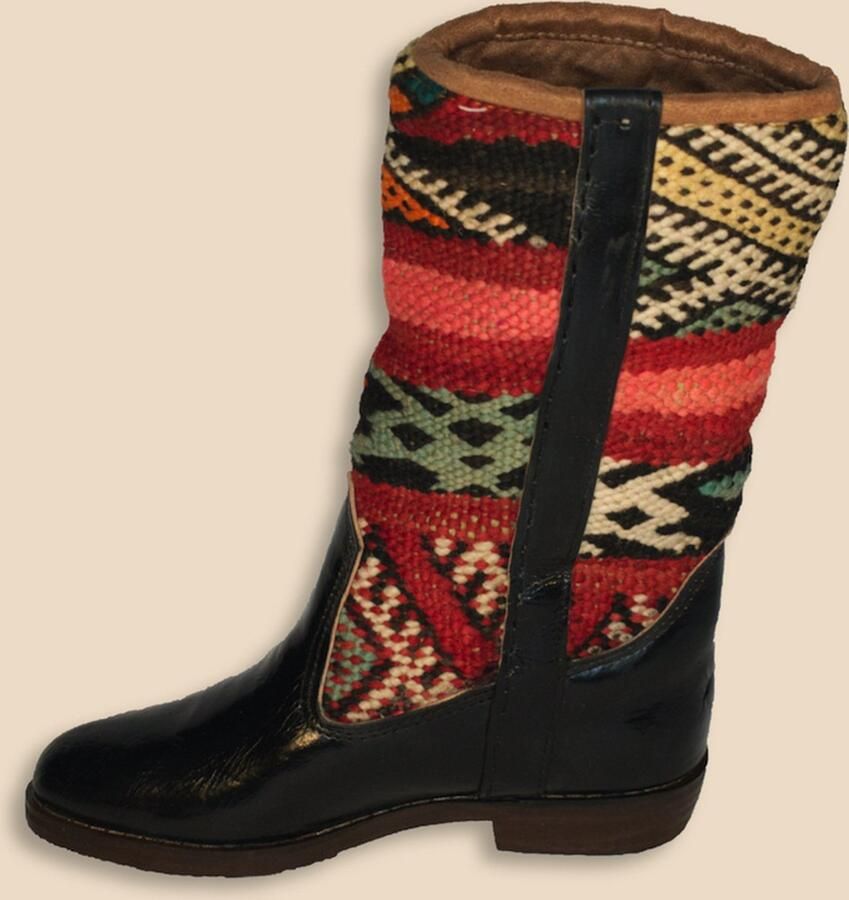 Bravas Boutique Kelim Boots FERMINA Hoog Laarzen 100% Echt Leder Handgemaakt Zwart Met Gekleurde Kelim - Foto 2