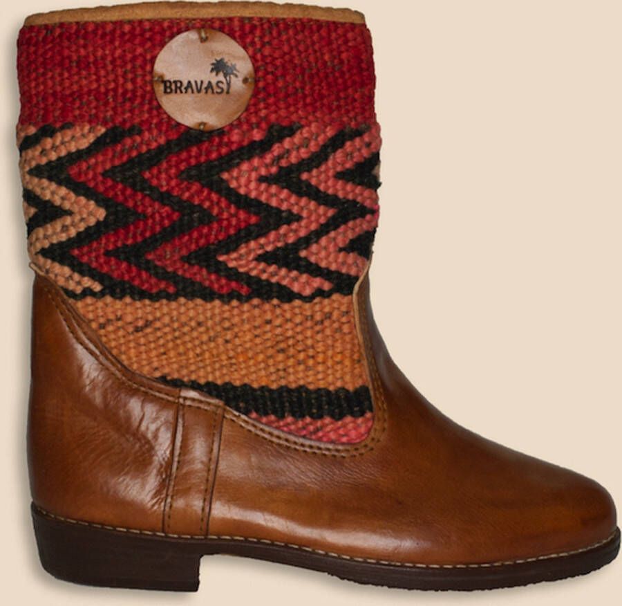 Bravas Boutique Kelim Boots ADANA Laag Laarzen 100% Echt Leder Handgemaakt Cognacbruin Met Gekleurde Kelim