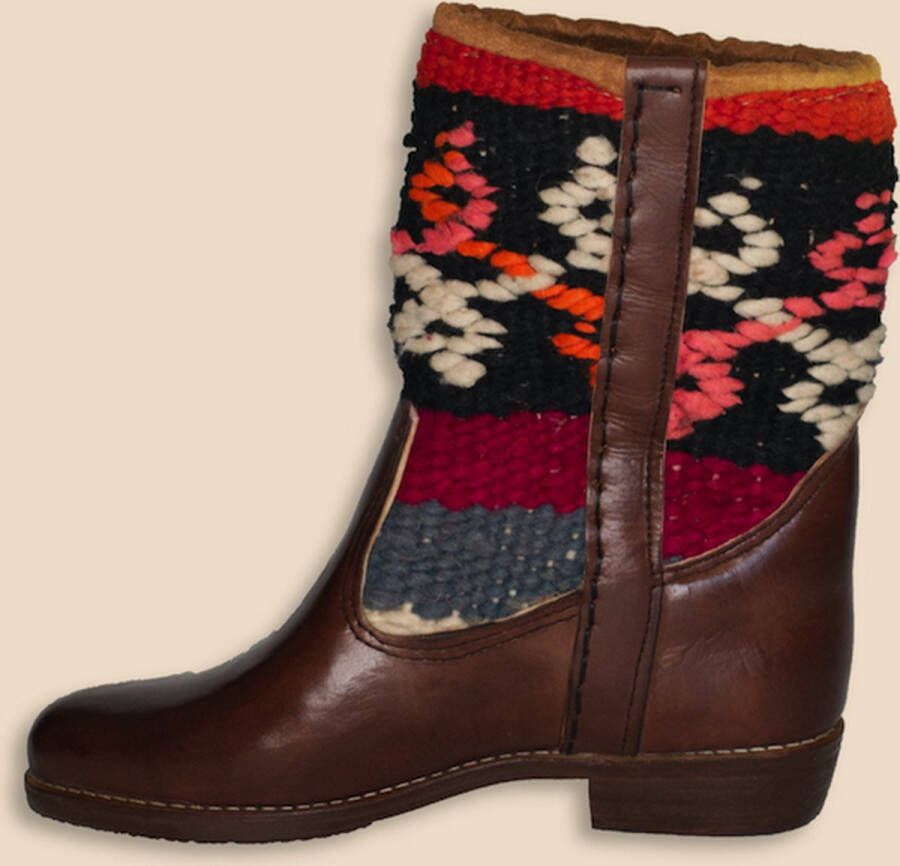 Bravas Boutique Kelim Boots ANETA Hoog Laarzen 100% Echt Leder Handgemaakt Kastanjebruin Met Gekleurde Kelim