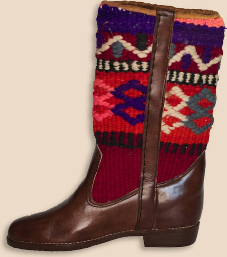 Bravas Boutique Kelim boots ANETA Laarzen 100% Echt Leder Handgemaakt Kastanjebruin met gekleurde kelim