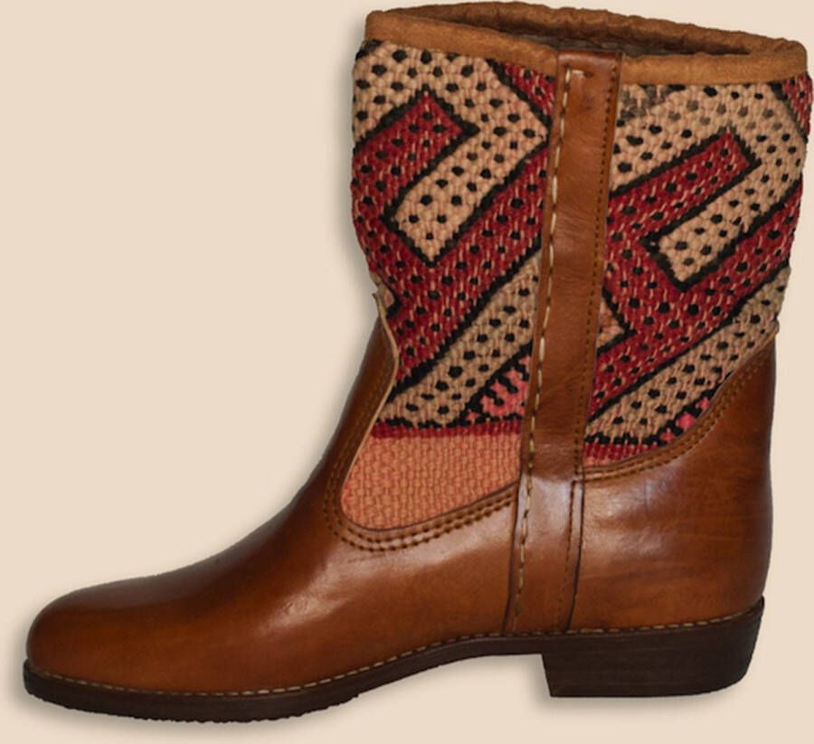 Bravas Boutique Kelim Boots ELVERA Laag- Laarzen 100% Echt Leder Handgemaakt Cognacbruin Met Gekleurde Kelim