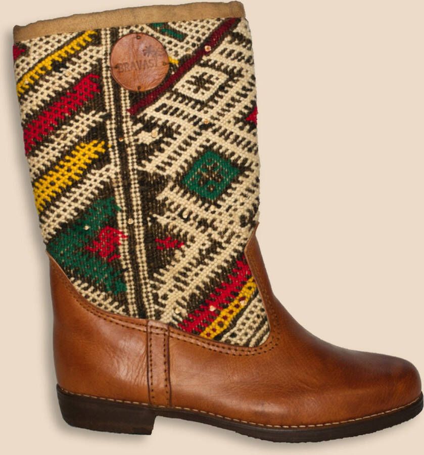 Bravas Boutique Kelim Boots ESMA Hoog Laarzen 100% Echt Leder Handgemaakt Cognacbruin Met Gekleurde Kelim