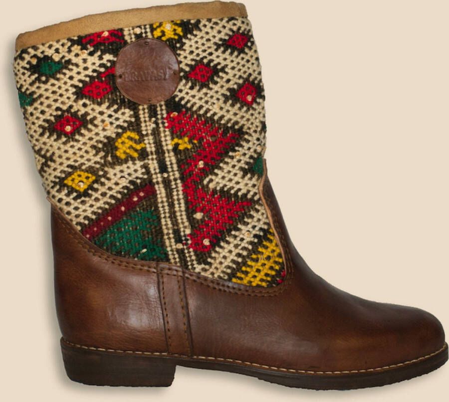 Bravas Boutique Kelim Boots ESMA Laag Laarzen 100% Echt Leder Handgemaakt Kastanjebruin Met Gekleurde Kelim