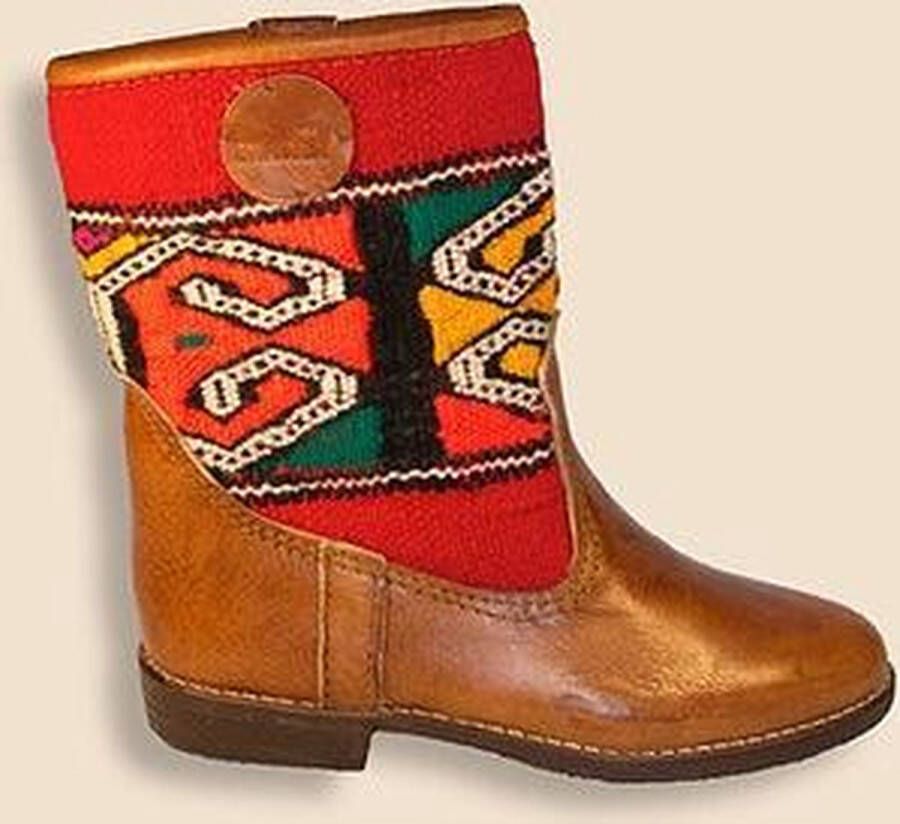 Bravas Boutique Kelim boots FELISA Laag Laarzen 100% Echt Leder Handgemaakt Cognacbruin Met Gekleurde Kelim