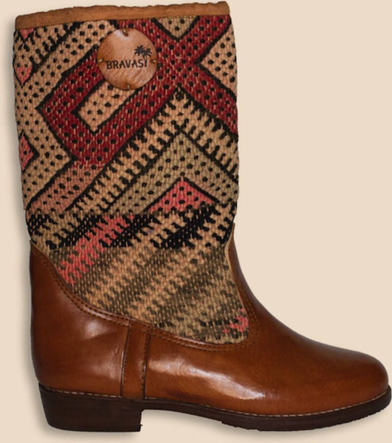 Bravas Boutique Kelim Boots GEZANE Hoog Laarzen 100% Echt Leder Handgemaakt Cognacbruin Met Gekleurde Kelim