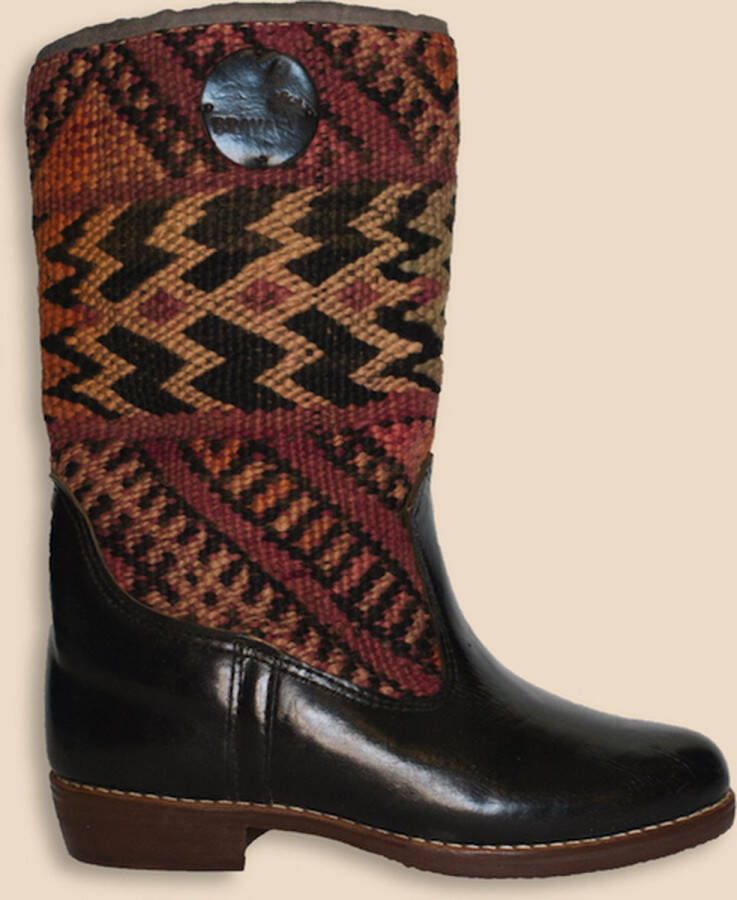 Bravas Boutique Kelim Boots HELENA Hoog Laarzen 100% Echt Leder Handgemaakt Zwart Met Gekleurde Kelim