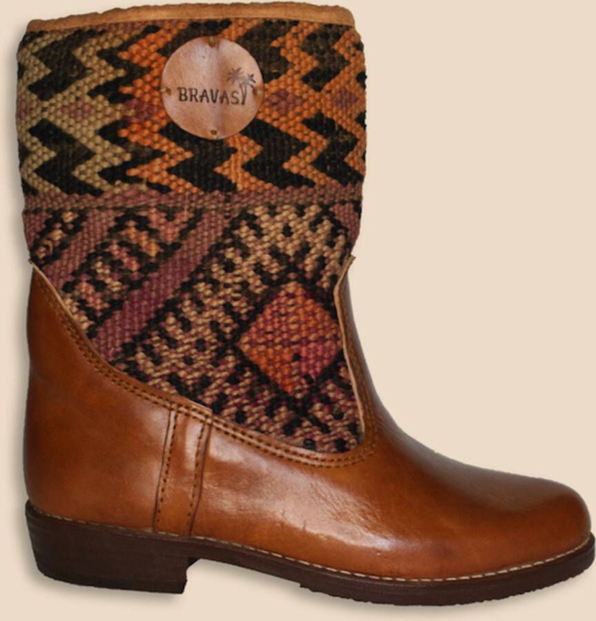 Bravas Boutique Kelim Boots IGONE Laag Laarzen 100% Echt Leder Handgemaakt Cognacbruin Met Gekleurde Kelim