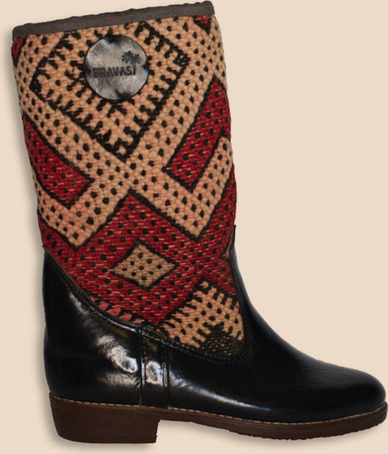 Bravas Boutique Kelim Boots JOVITA Hoog Laarzen 100% Echt Leder Handgemaakt Zwart Met Gekleurde Kelim
