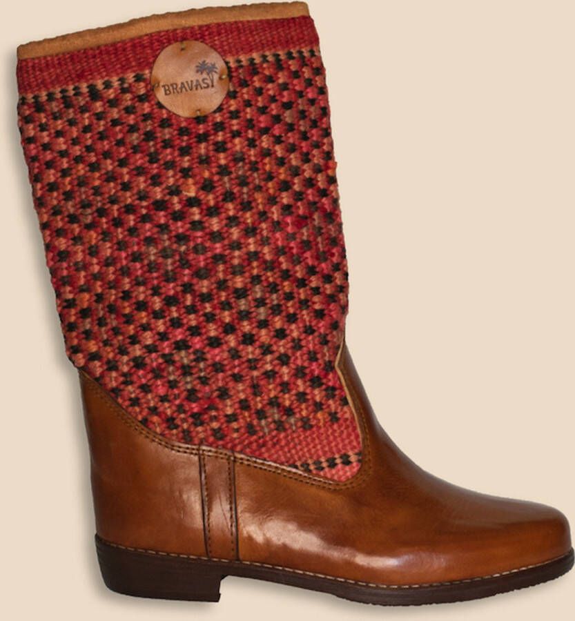 Bravas Boutique Kelim Boots KATIA Hoog Laarzen 100% Echt Leder Handgemaakt Cognacbruin Met Gekleurde Kelim