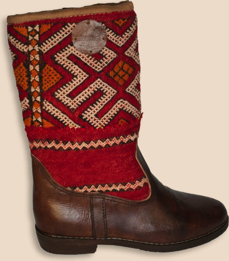 Bravas Boutique Kelim Boots LORITA Hoog Laarzen 100% Echt Leder Handgemaakt Kastanjebruin Met Gekleurde Kelim