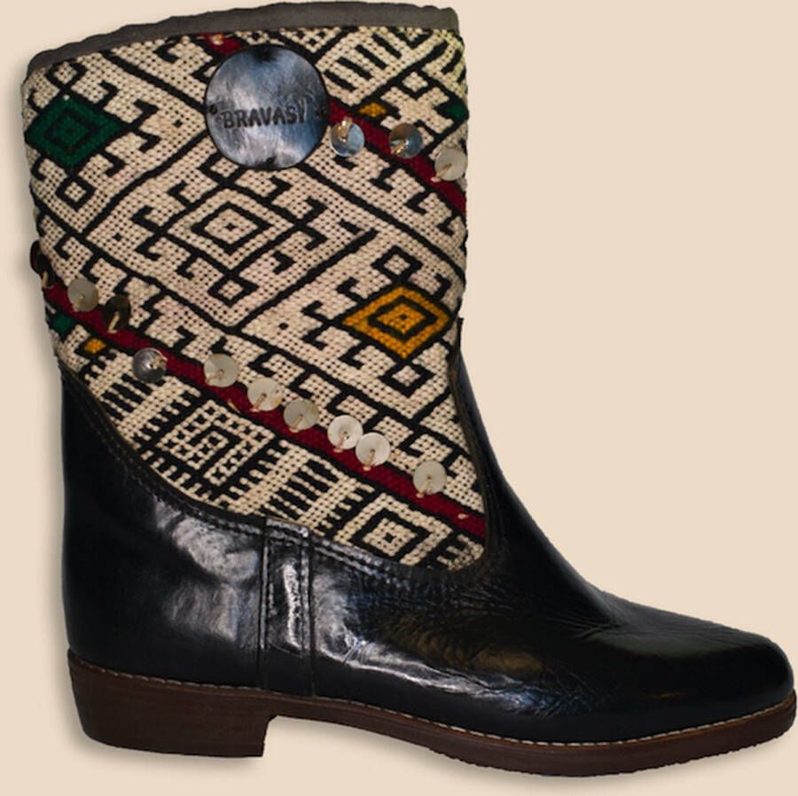 Bravas Boutique Kelim Boots MARICELA Laag Laarzen 100% Echt Leder Handgemaakt Zwart Met Gekleurde Kelim