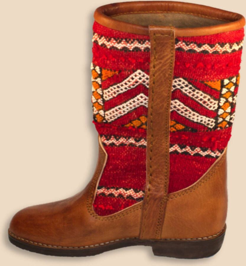 Bravas Boutique Kelim Boots PEPA Hoog Laarzen 100% Echt Leder Handgemaakt Cognacbruin Met Gekleurde Kelim