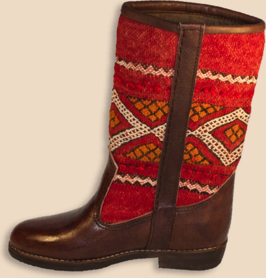 Bravas Boutique Kelim Boots PEPA Laag Laarzen 100% Echt Leder Handgemaakt Kastanjebruin Met Gekleurde Kelim