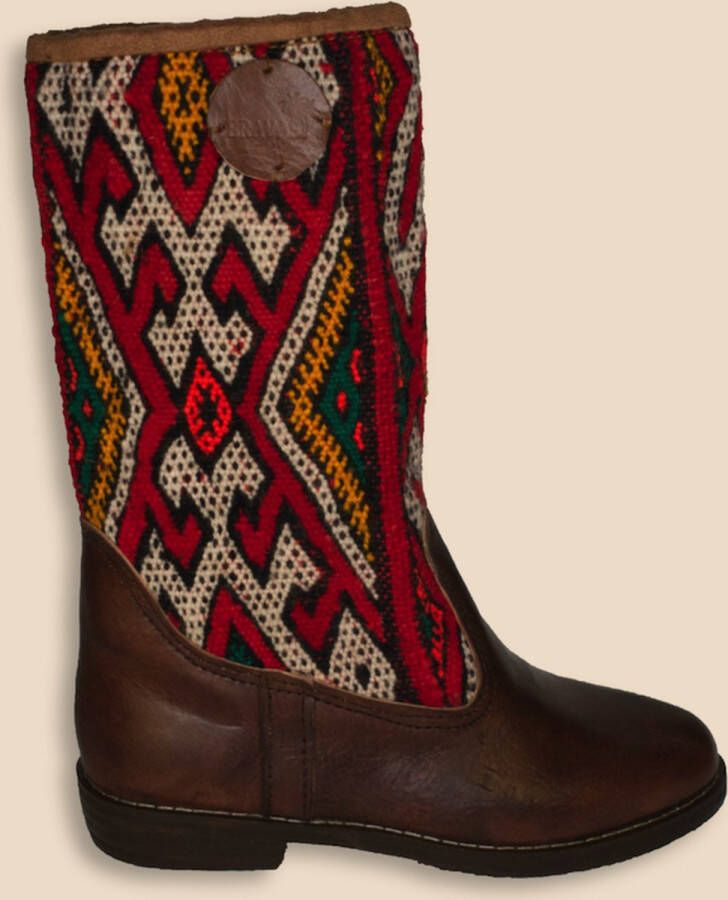 Bravas Boutique Kelim Boots REYNI Hoog Laarzen 100% Echt Leder Handgemaakt Kastanjebruin Met Gekleurde Kelim