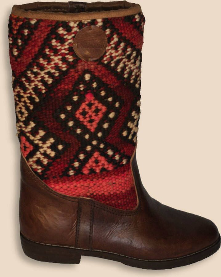 Bravas Boutique Kelim Boots SANDIA Hoog Laarzen 100% Echt Leder Handgemaakt Kastanjebruin Met Gekleurde Kelim