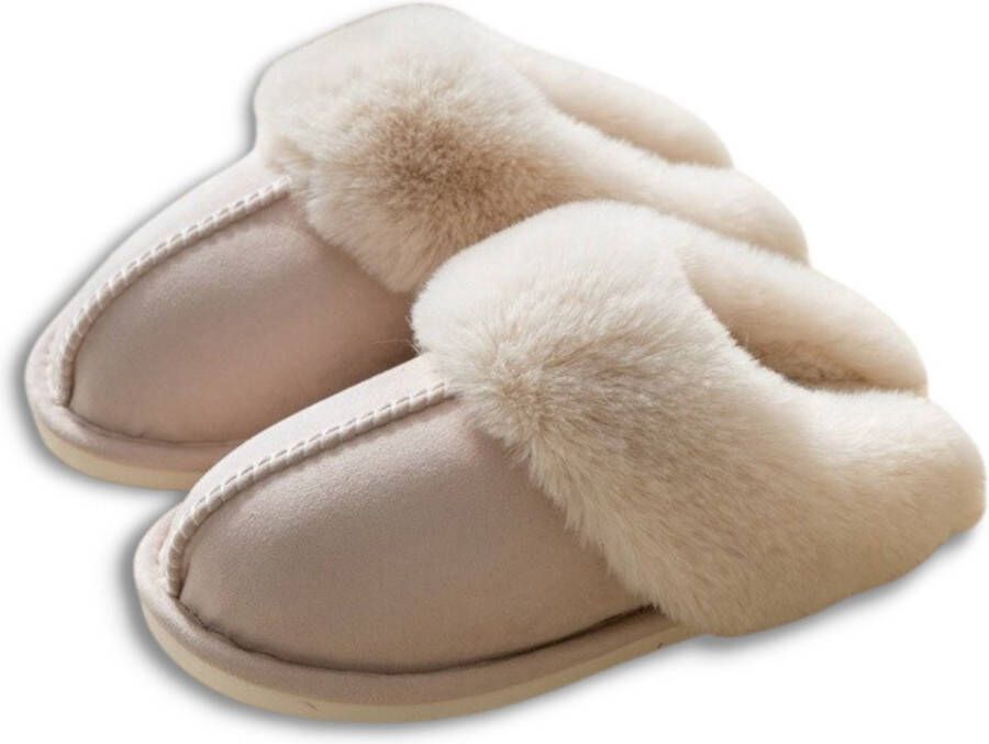 Dames pantoffels Fluffy gevoerde pantoffels open sloffen antislip zool heerlijk warm beige 40 41 valt 1 maat kleiner