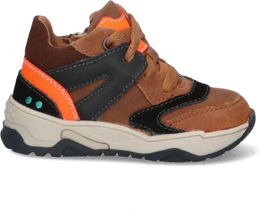 Bunnies JR 223844-513 Jongens Hoge Sneakers Bruin Zwart Oranje Leer Veters