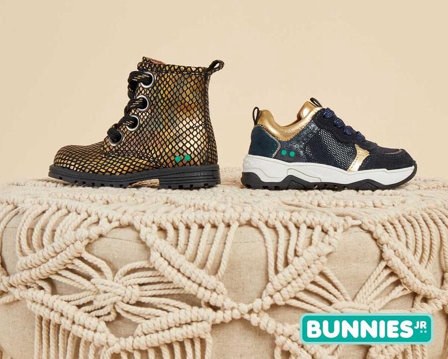 BunniesJR Bunnies JR Charlie Chunky Meisjes Lage Sneakers Blauw Goud Suède Veters - Foto 3