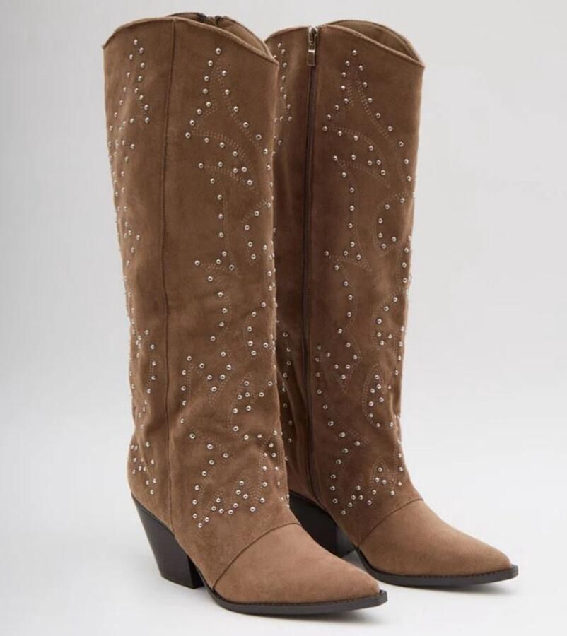 Buonarotti laarzen lange laarzen cowboylaarzen khaki suedine met rits met studs kaplaarzen hakhoogte