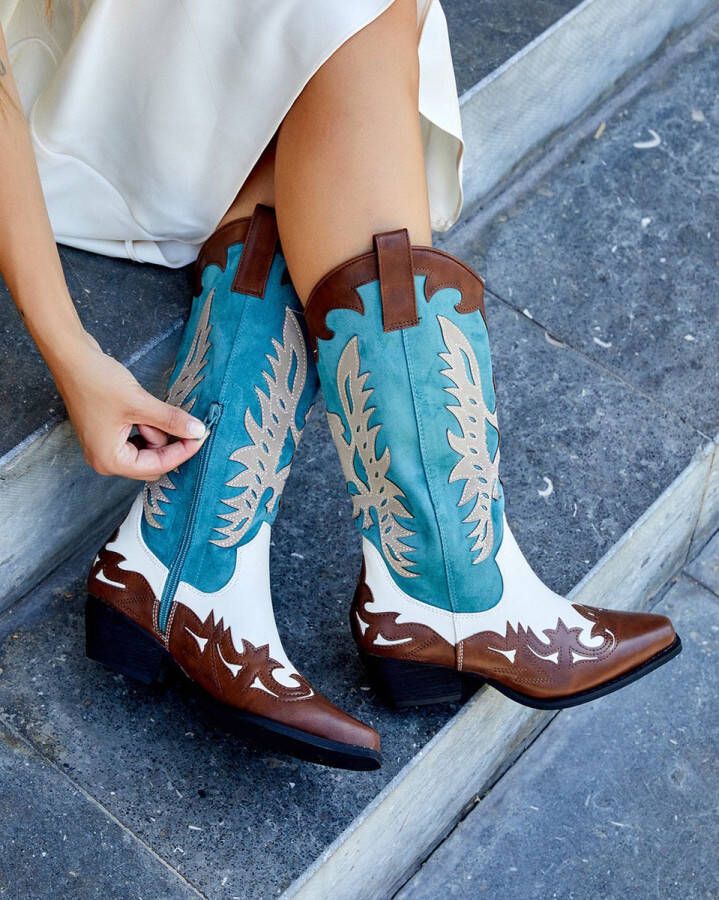 Buonarotti Dames Cowboylaarzen Wit Imitatieleer Suedine