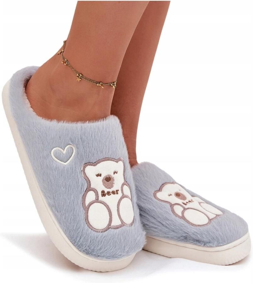 Butosklep Dames Pantoffels Blauw Pluche Beer & Hartjes