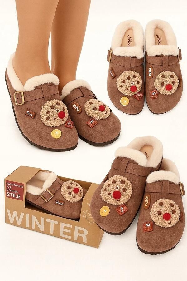 Butosklep Dames Pantoffels Bruin Warme Winter Pantoffels met Gesp