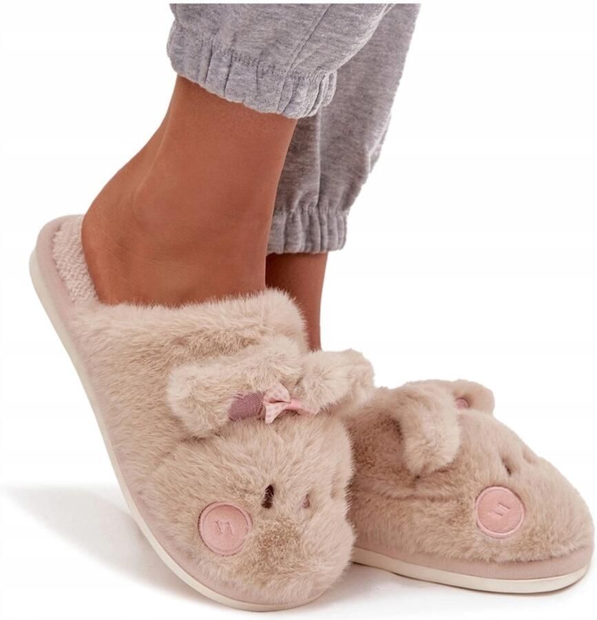 Butosklep Dames Pantoffels met Konijnenoren en Strik Beige