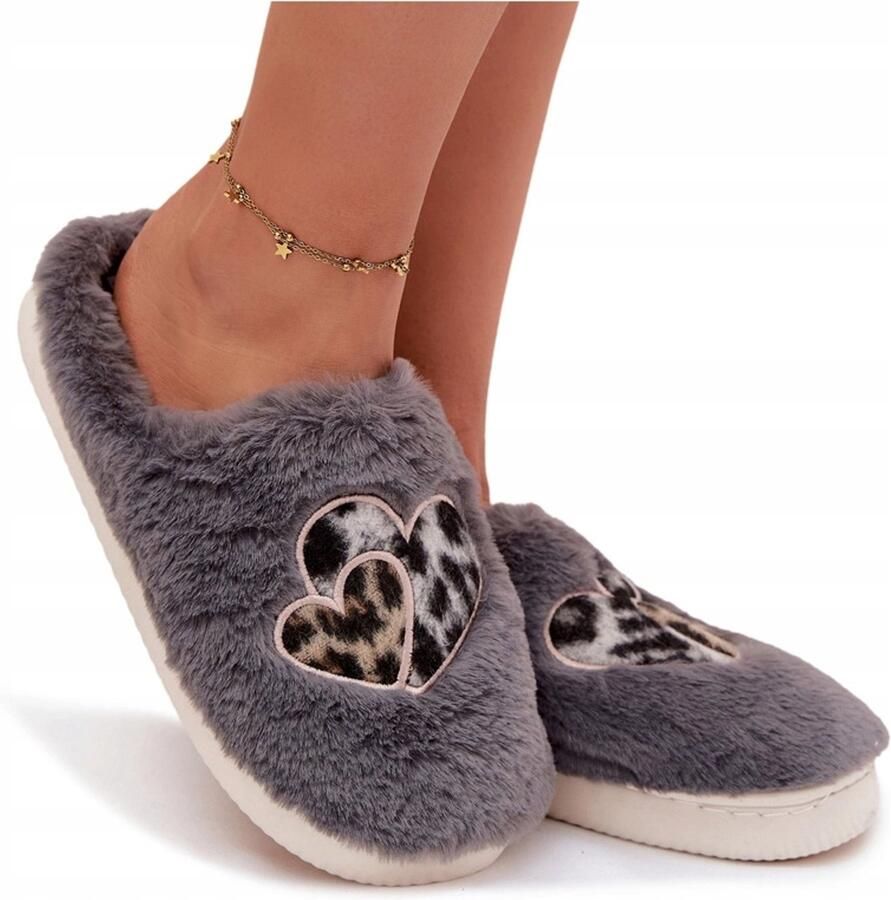 Butosklep Dames Pantoffels Warm & Comfortabel met Hartjes Grijs