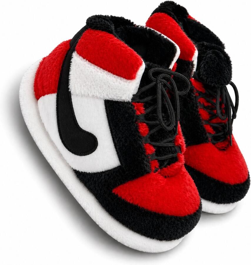 Caimco Sneaker Sloffen Rood Wit Zwart Unisex Pantoffels in Sneaker Design One Size Warme Pluche Huispantoffels voor & Comfortabele Cozy Slippers - Foto 3