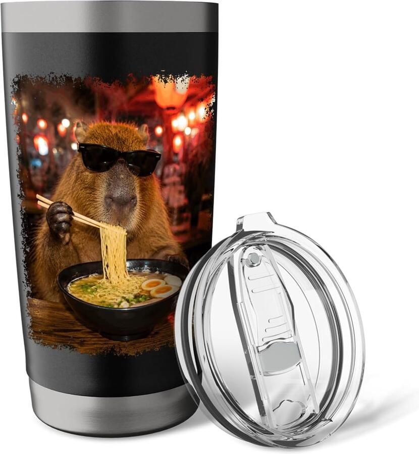 Capybara met Ramen grappig dierenmeme zonnebril dubbelwandige thermobeker