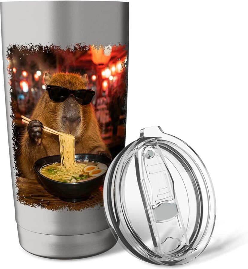 Capybara met Ramen grappig dierenmeme zonnebril dubbelwandige thermobeker