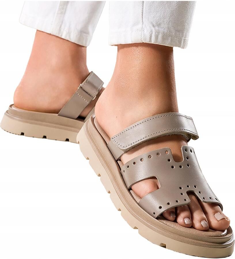 Casu Dames Klompjes Leer Beige Platform Klittenband Nederlands