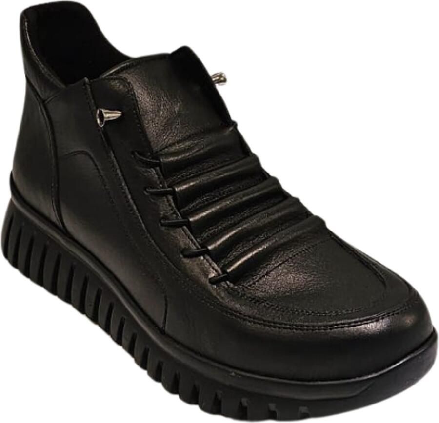 Charmia Berussa-Dames Laarzen Handgemaakte Leren Chelsea Boots voor Dames Chunky Enkellaarsjes met Grove Zool Premium Leder met Suède Voering Zwart