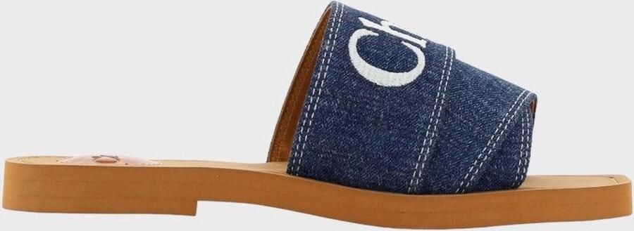 Chloé Denimblauwe Katoenen Slides met Dubbele Voorkantband Blue Dames