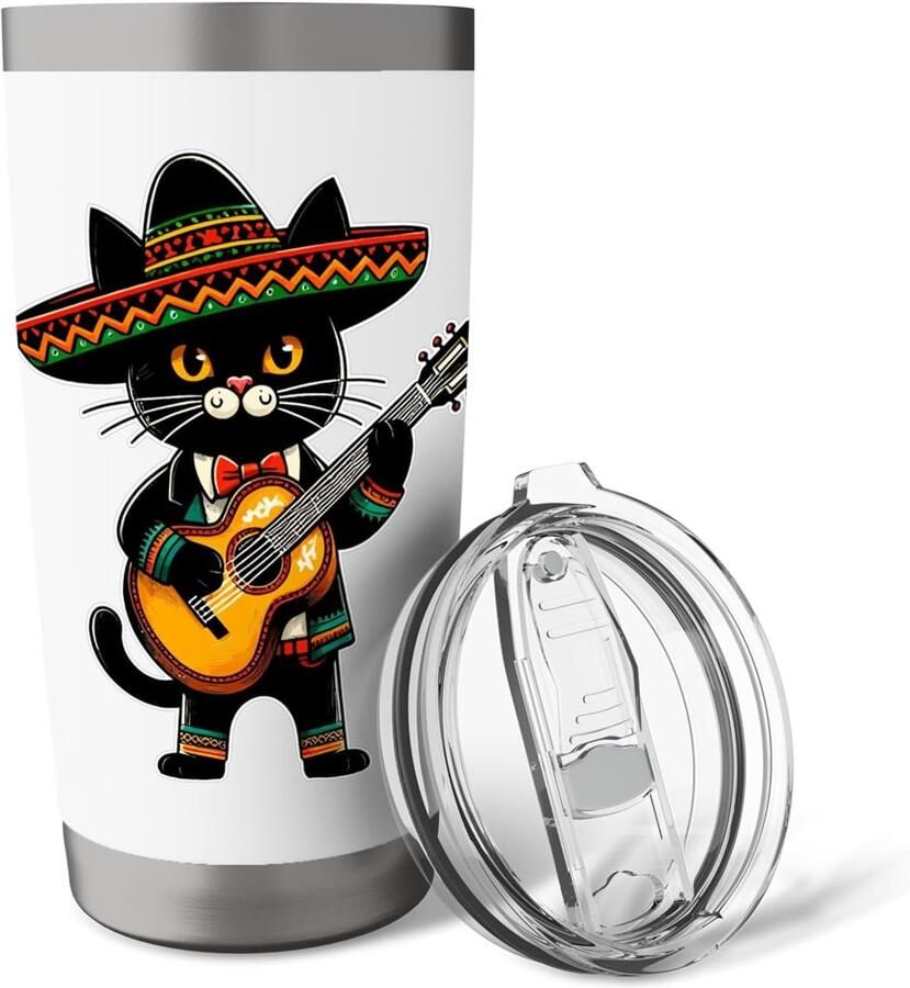 Cinco de Mayo Mariachi kat speelt gitaar voor kattenliefhebbers dubbelwandige roestvrijstalen thermosbeker