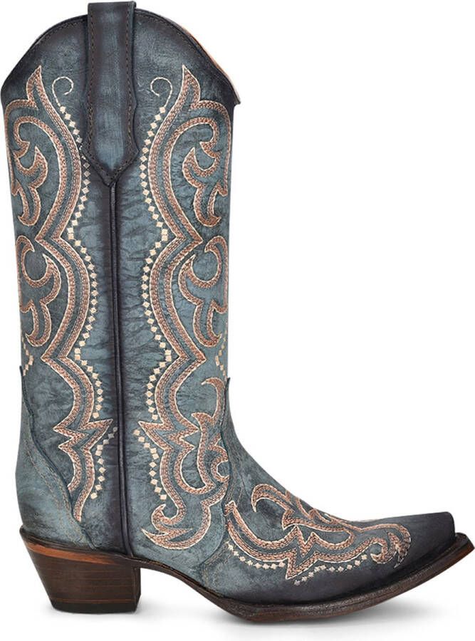 Circle G by Corral Circle G dames cowboylaarzen in blauw leer met ecru en bruine stiksels