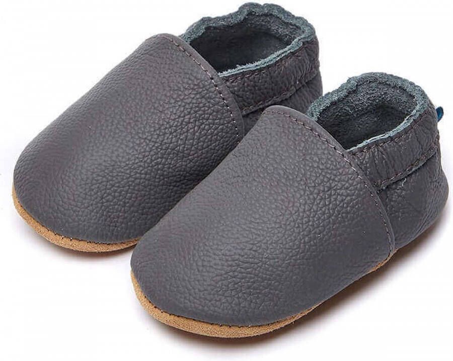 Completebabyuitzet Babyslofjes leer – voor en – 0-6 maanden 11 cm – donker grijs