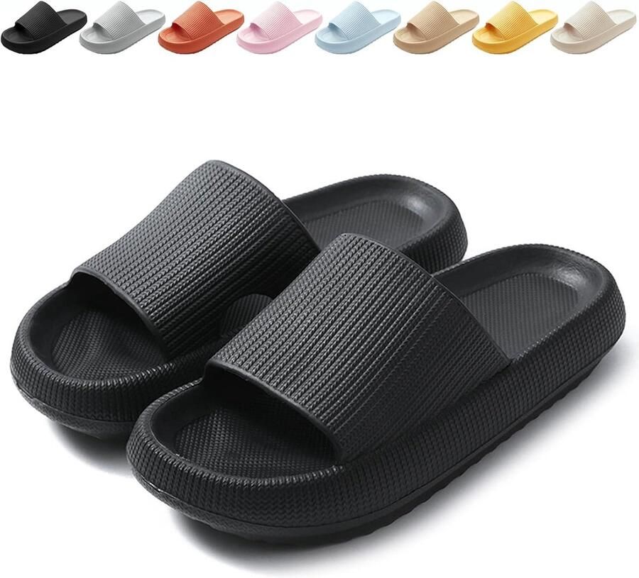 SKIEHAN Glijders EVA Badslippers– Wolkenzachte badslippers voor en antislip met dikke zool geschikt voor douche badkamer zwembad Zwart