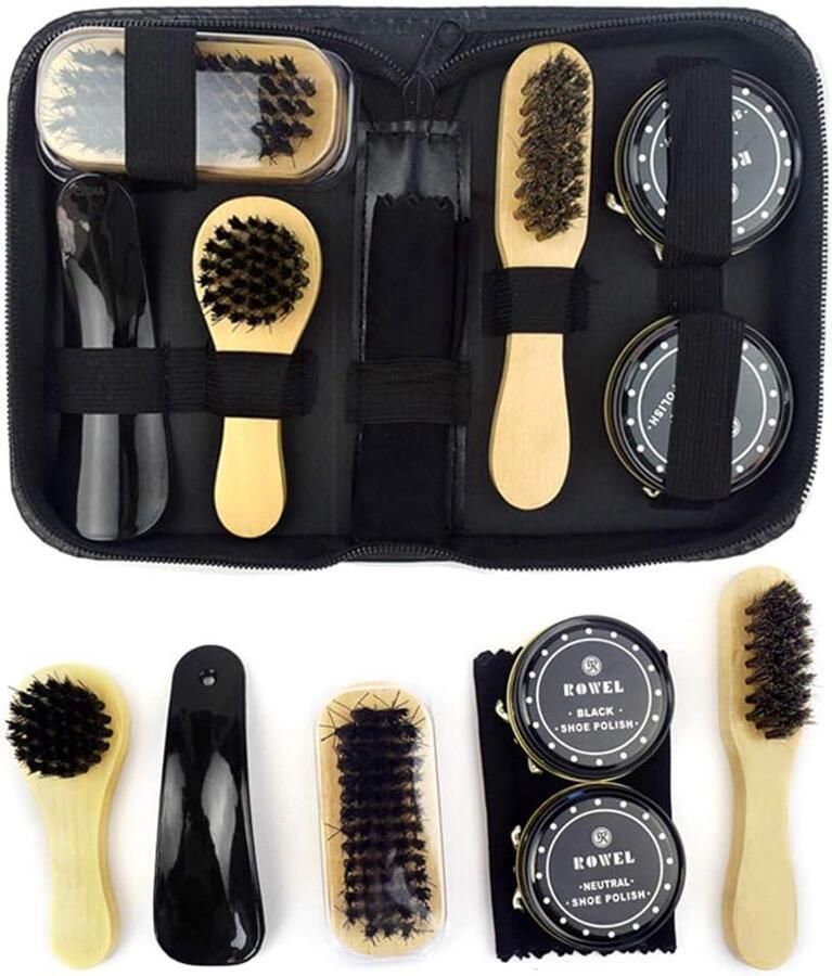 Cosensi Lederen laarzen borstelkit met houten handgrepen en koffer schoenenpoets reinigingsset ideaal voor kleding autostoelen en banken