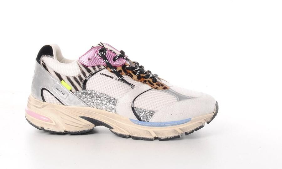 Crime London dames sneaker Goodchaos suède en mesh wit zilver leopardprint
