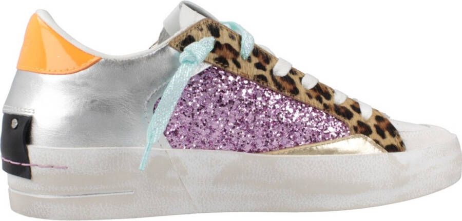 Crime London Low-Top Leather Sneakers with Glitter and Animal Print Details for