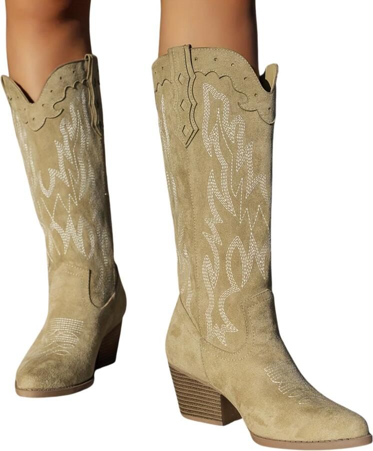 Currero Dames Cowboy Laarzen Hoge Hak Enkellaarzen Kniehoge Western Boots Chelsea Beige