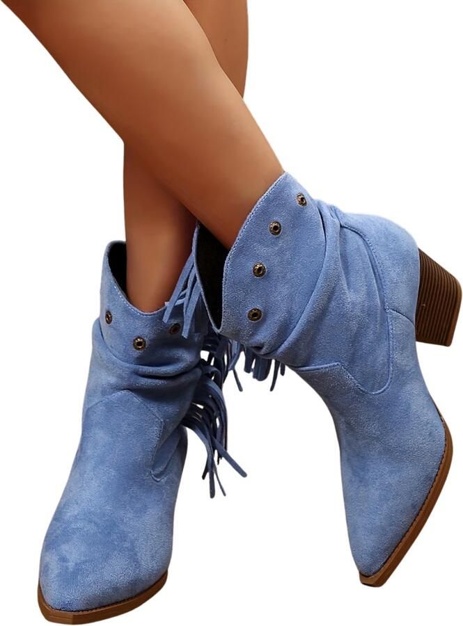 Currero Dames Cowboy Laarzen Hoge Hak Enkellaarzen Kniehoge Western Boots Chelsea Blauw