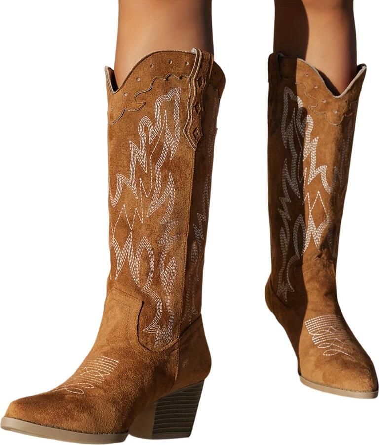 Currero Dames Cowboy Laarzen Hoge Hak Enkellaarzen Kniehoge Western Boots Chelsea Bruin