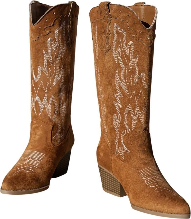 Currero Dames Cowboy Laarzen Hoge Hak Enkellaarzen Kniehoge Western Boots Chelsea Bruin