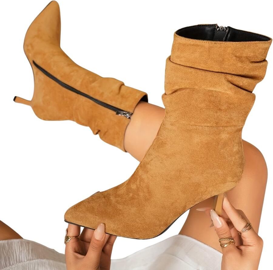 Currero Dames Cowboy Laarzen Hoge Hak Enkellaarzen Kniehoge Western Boots Chelsea Geelbruin