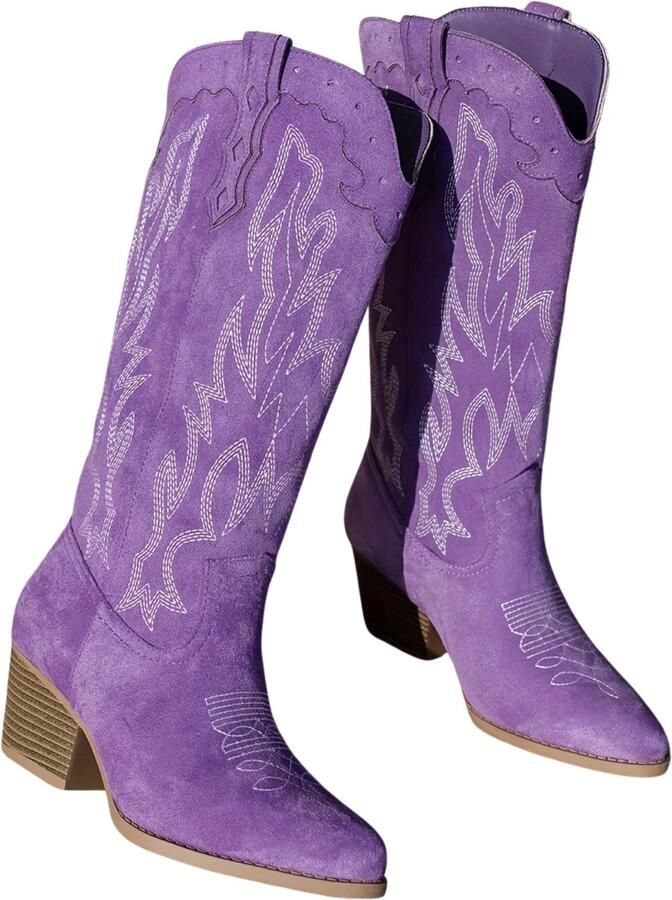 Currero Dames Cowboy Laarzen Hoge Hak Enkellaarzen Kniehoge Western Boots Chelsea Paars